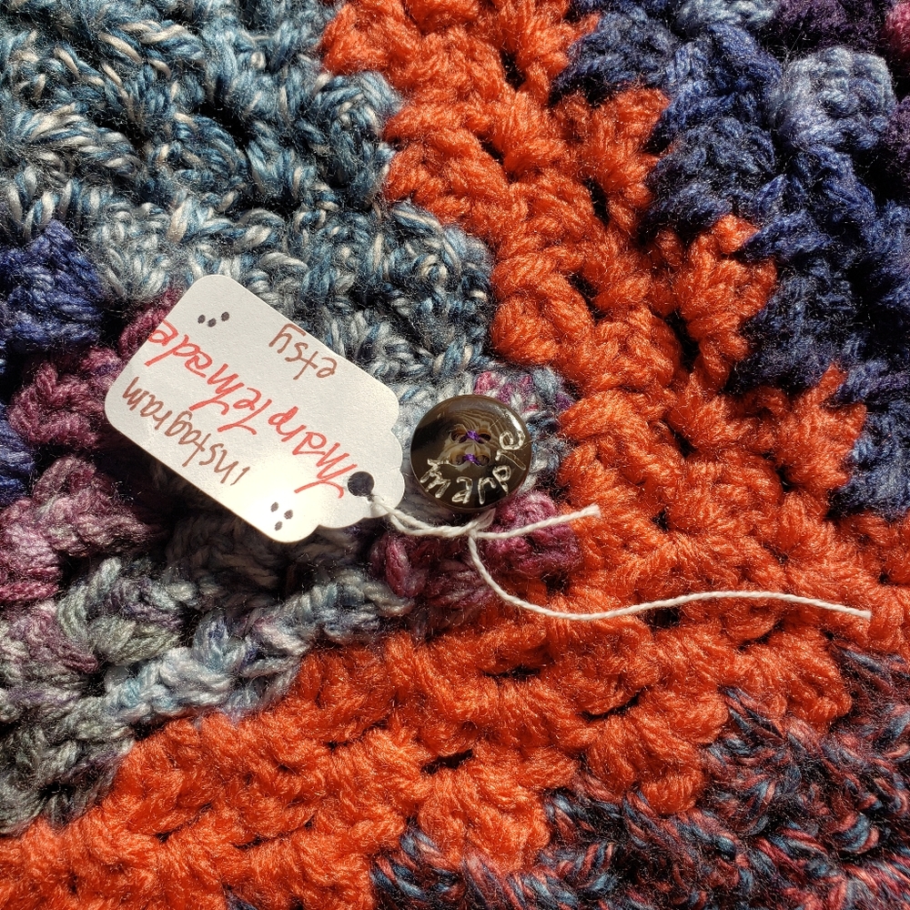 NWT* Handmade wrap scarf💜 MarpleMade Designs,  the Mix Up scarf, denim/orange - Picture 9 of 11